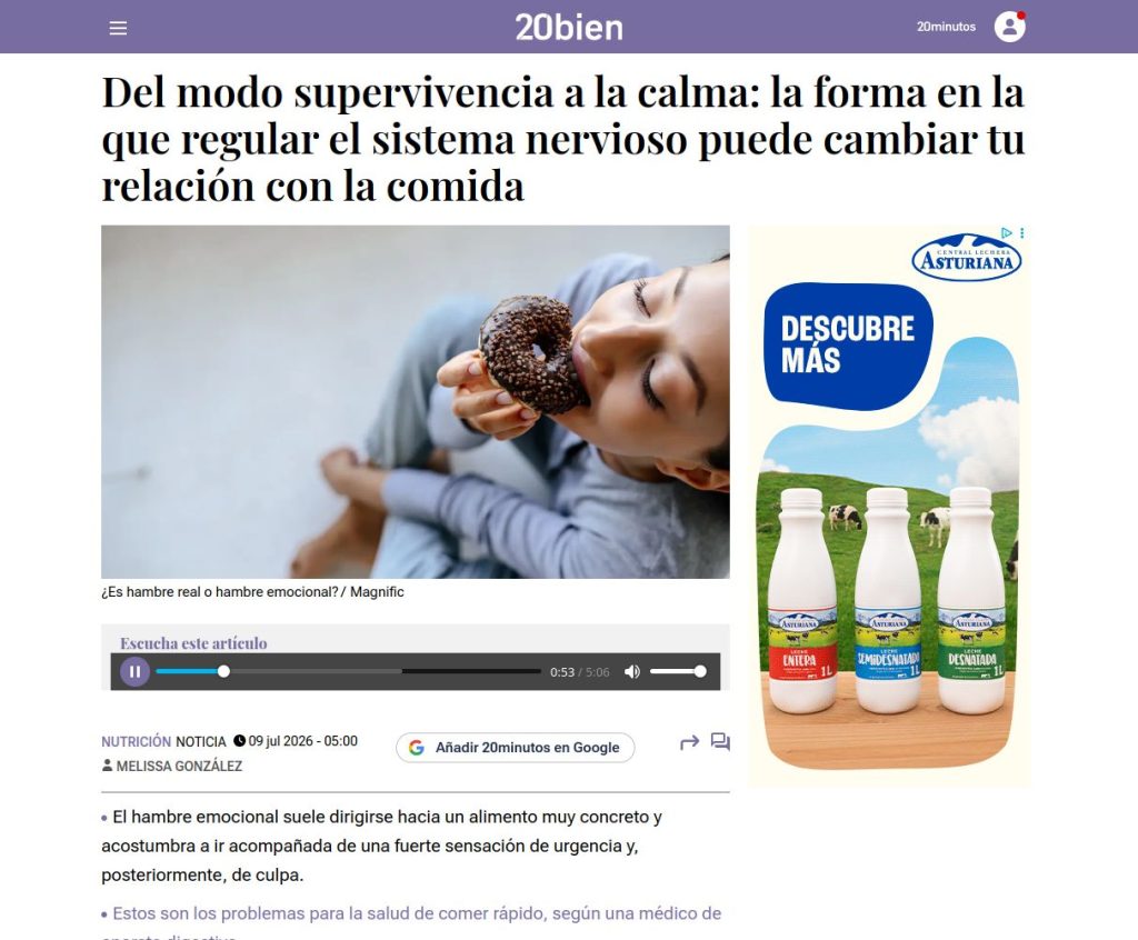 Captura de pantalla del artículo de 20minutos titulado 'Modo supervivencia y calma: la forma en que regular tu sistema nervioso puede cambiar tu relación con la comida'.