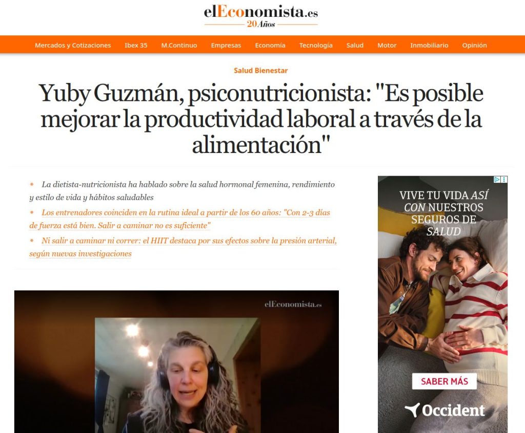 Captura de pantalla del artículo de eleconomista titulado 'Yuby Guzmán, psiconutricionista: "Es posible mejorar la productividad laboral a través de la alimentación"'.